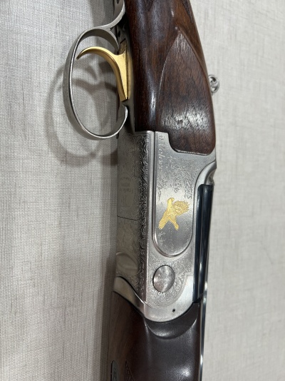 Espingarda com detalhes prateados e dourados e punho de madeira castanha