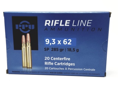 Caixa azul de munição RIFLE LINE AMMUNITION 9,3 x 62 com duas balas na frente