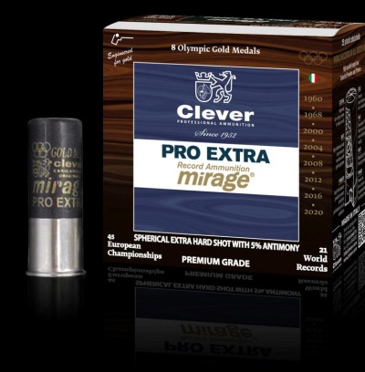 Cartucho e caixa de munição Clever Pro Extra Mirage em fundo preto