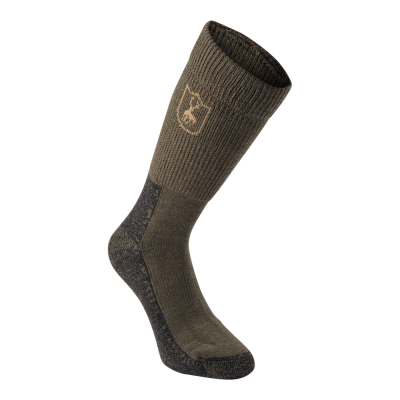 Meia comprida verde-oliva com logótipo de veado e padrão cinza no pé
