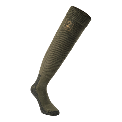 Meia alta verde-oliva com reforço cinza e logo LK