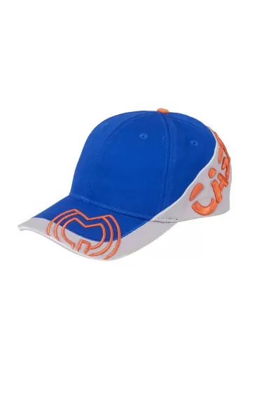 Boné azul e branco com texto laranja 'Ciao'