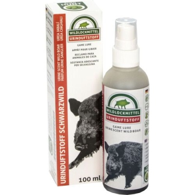 Frasco e caixa de produto spray para atrair javalis com imagem e texto em várias línguas.