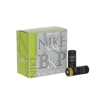 Caixa de cartuchos de caça Nike B&P com dois cartuchos pretos e dourados ao lado.