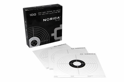 Caixa e alvos NORICA para tiro com círculos concêntricos e numeração