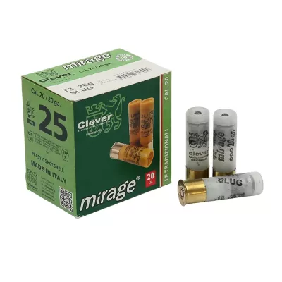 Caixa verde e cartuchos brancos de munição calibre 20 Clever Mirage