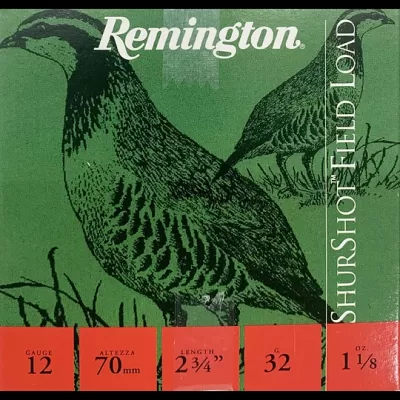 Embalagem verde Remington com patos e informações de calibre e medidas em vermelho