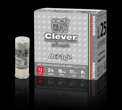 Embalagem cinza e cartucho Clever Professional Ammunition calibre 12 modelo Mirage