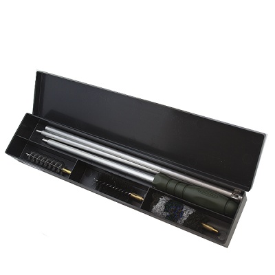 Conjunto de limpeza para armas com estojo preto e componentes metálicos e escovas