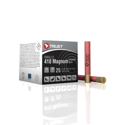 Caixa branca e preta com texto TRUST SMALLS 410 Magnum e dois cartuchos rosa com base dourada