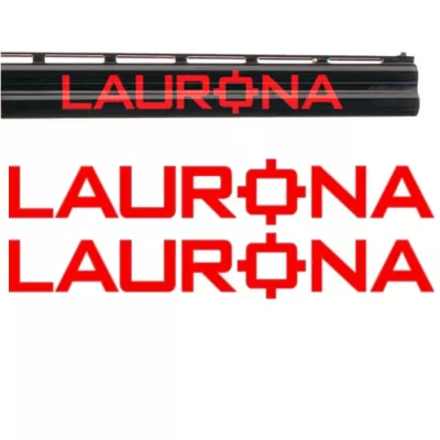 Objeto preto com texto vermelho LAUROÑA e linhas do texto LAUROÑA em vermelho no fundo branco