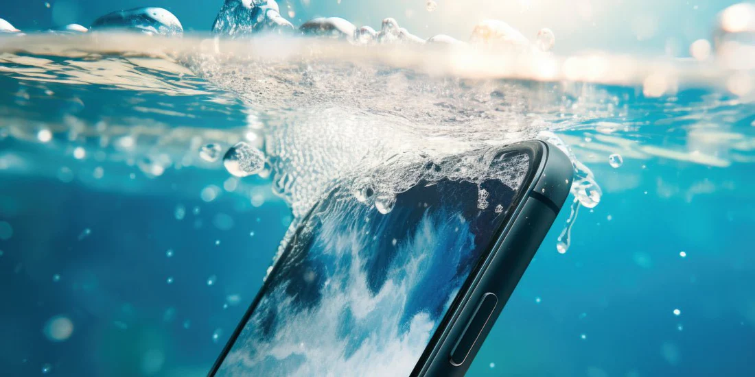 Smartphone preto parcialmente submerso em água com bolhas