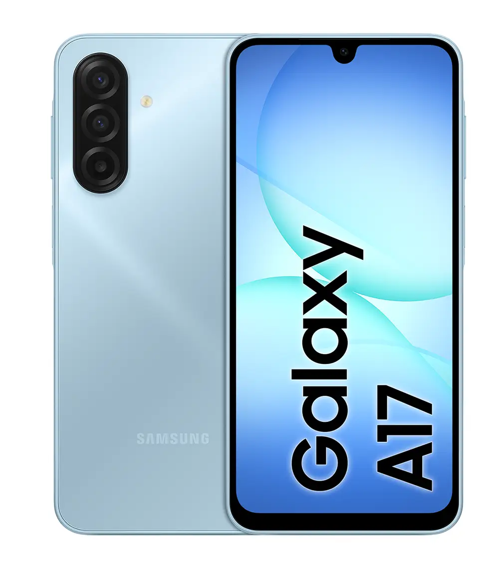 Samsung Galaxy A17 4G Smartphone Samsung Galaxy A17 azul com três câmaras e ecrã frontal a mostrar Galaxy A17
