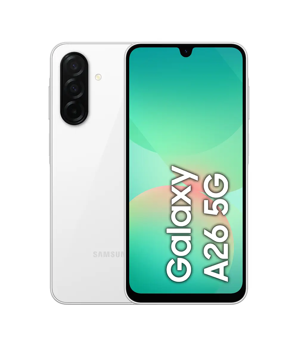 Samsung Galaxy A26 5G Smartphone Samsung Galaxy A26 5G branco com ecrã e câmara traseira tripla