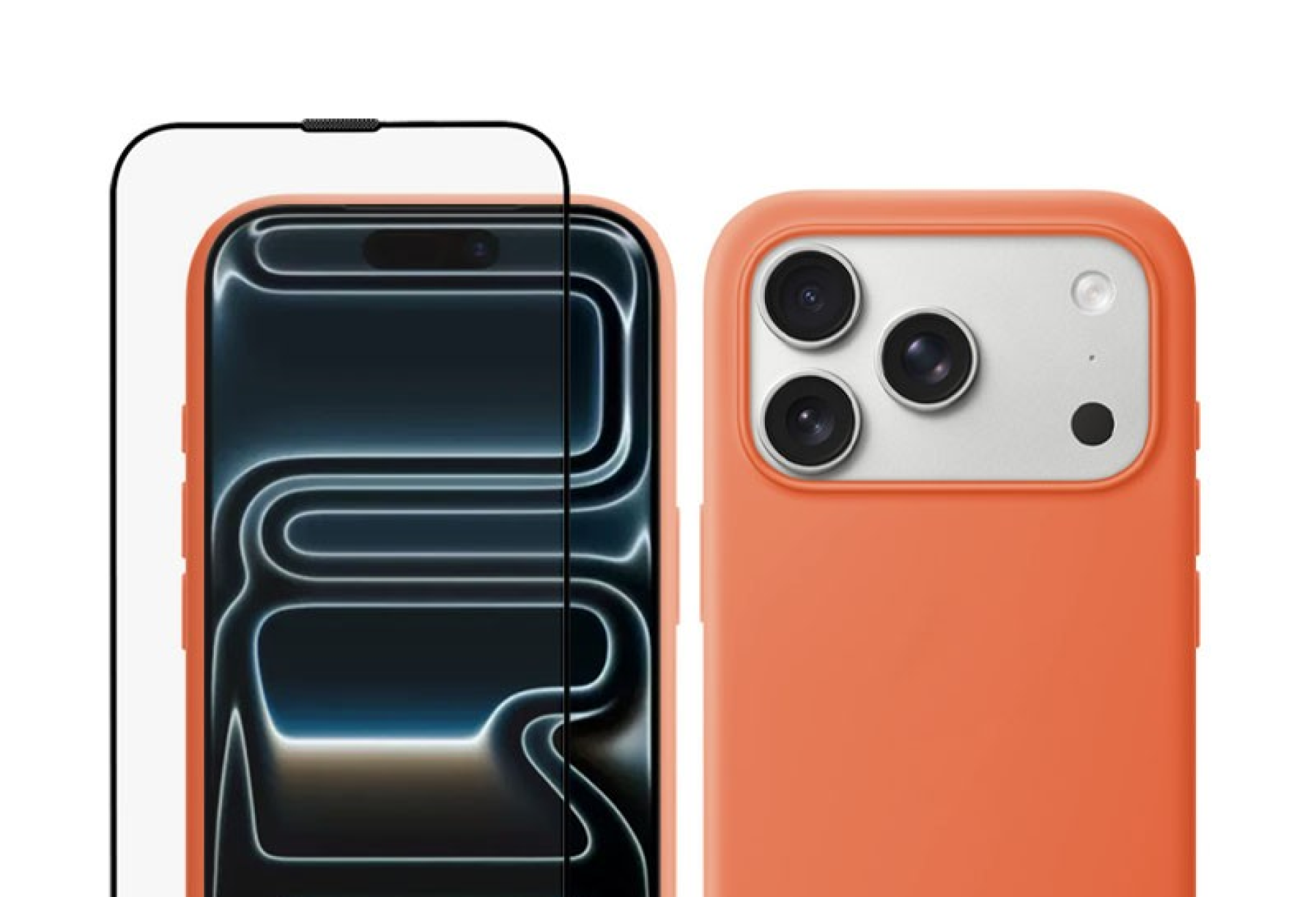 Smartphone com capa de silicone laranja e proteção de ecrã transparente