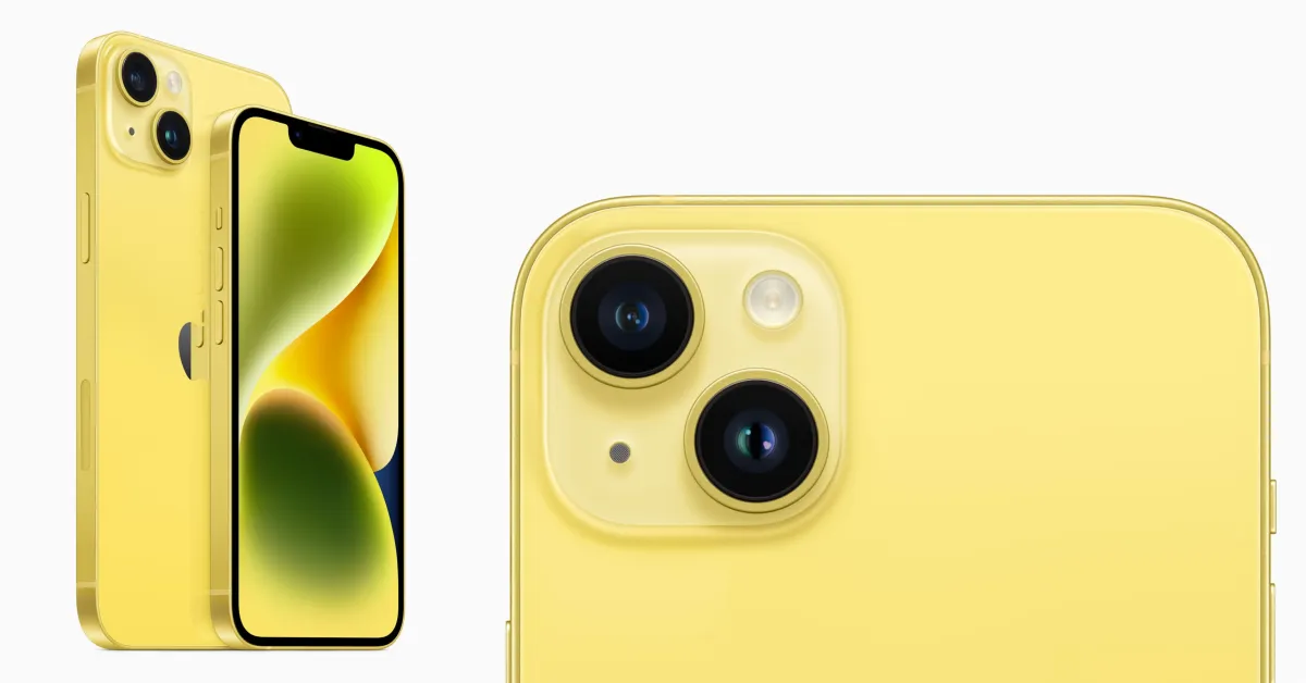 Smartphone amarelo com duas câmaras traseiras em fundo branco