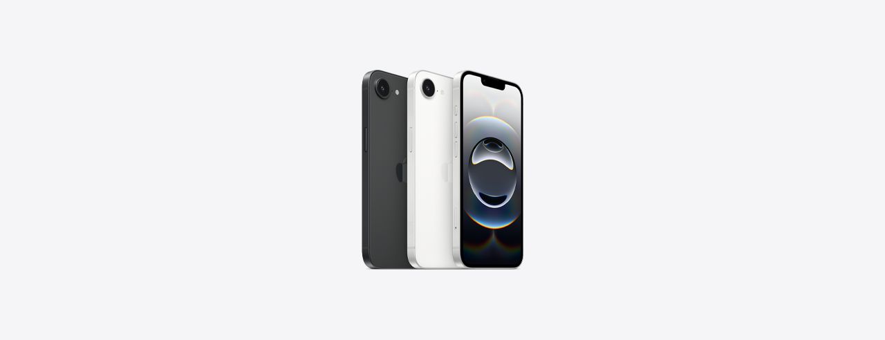 Apple iPhone 16e Três smartphones em preto e branco, um de frente com ecrã ligado