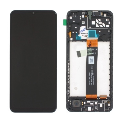 Componentes de smartphone com ecrã preto e peça interna com circuitos e fita laranja