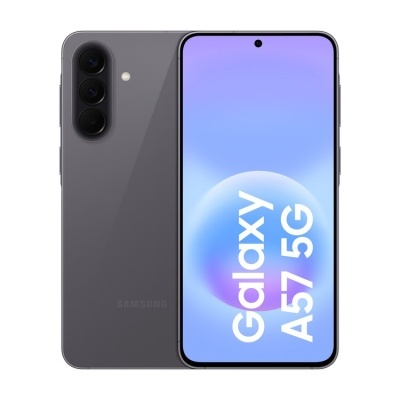 Smartphone Samsung Galaxy A57 5G cinzento escuro com ecrã e traseira visíveis