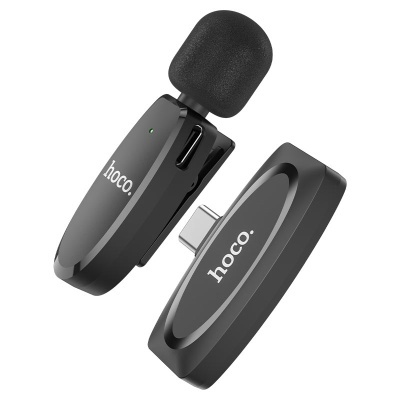 Microfone sem fio preto Hoco com espuma protetora e conector USB tipo C