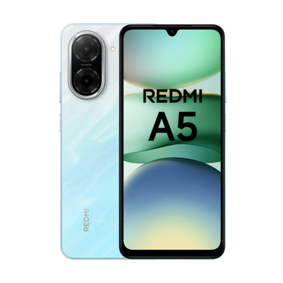 Smartphone Redmi A5 azul claro com duas câmaras traseiras e ecrã com texto REDMI A5