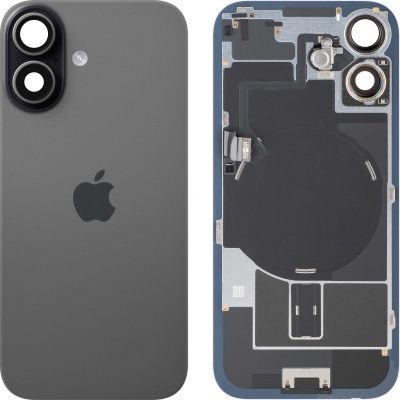 Parte traseira cinza de telemóvel Apple e interior com componentes eletrónicos