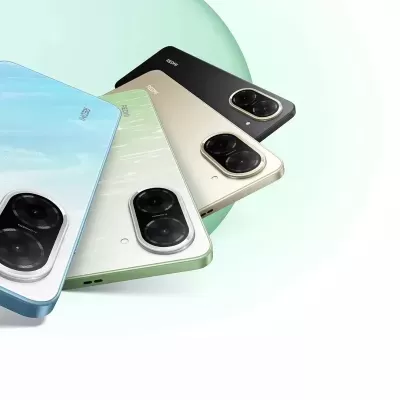 Quatro smartphones coloridos com lentes de câmera dupla em fundo claro