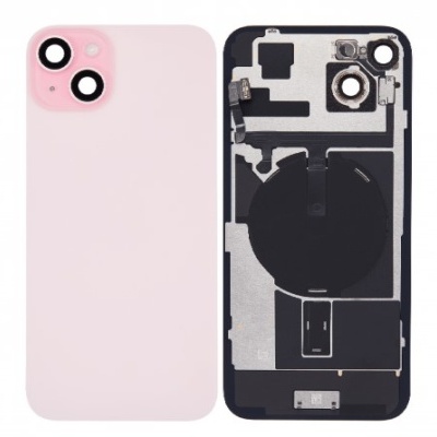 Duas capas traseiras de telemóvel, uma rosa claro com câmeras, outra preta com componentes internos