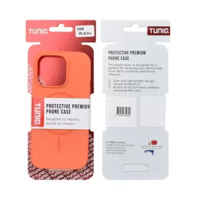 Capa telefone laranja TUNIQ para iPh 16 Pro embalada com embalagem vermelha e branca
