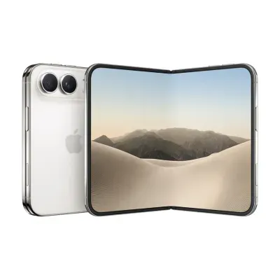 Smartphone dobrável Apple branco com ecrã expansível mostrando paisagem de dunas e montanhas