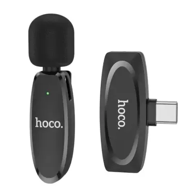 Microfone sem fios preto com espuma e conector USB-C