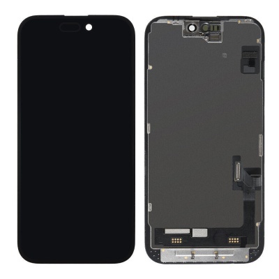 Ecrã frontal completo para smartphone preto com componentes eletrónicos visíveis.