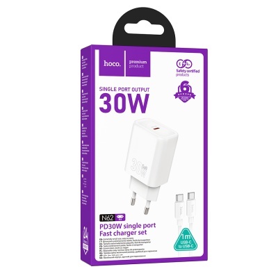 Embalagem de carregador rápido Hoco 30W com cabo USB-C branco