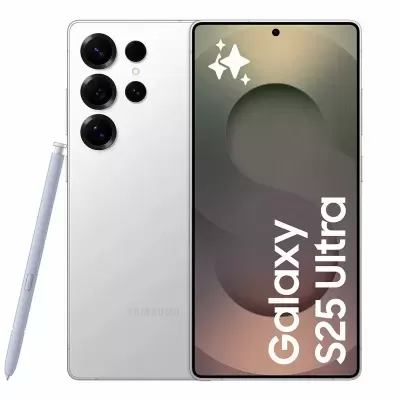 Smartphone Samsung Galaxy S25 Ultra branco com quatro câmaras e caneta stylus