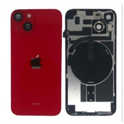 Telemóvel Apple vermelho com tampa traseira removida e componente interno exposto