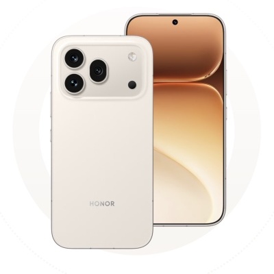 Smartphone HONOR bege claro com três câmaras traseiras e ecrã frontal