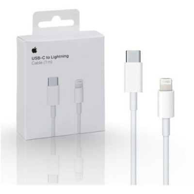 Cabo USB-C para Lightning branco e embalagem branca com texto e logótipo Apple