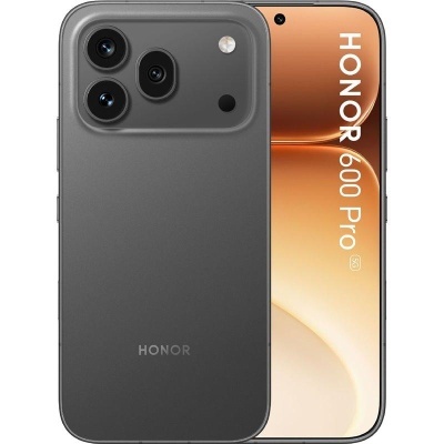 Smartphone HONOR 600 Pro 5G cinza com três câmaras e ecrã com texto