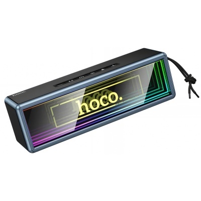 Coluna de som portátil preto com painel holográfico e texto hoco.