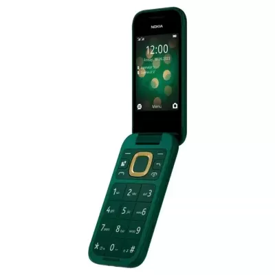 Telemóvel dobrável Nokia verde escuro com ecrã ligado e botões numéricos