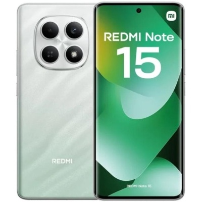 Smartphone Redmi Note 15 verde claro com quatro câmaras e ecrã com texto
