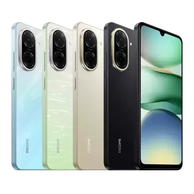 Cinco smartphones Redmi em várias cores com câmara traseira dupla e ecrã de padrão abstrato