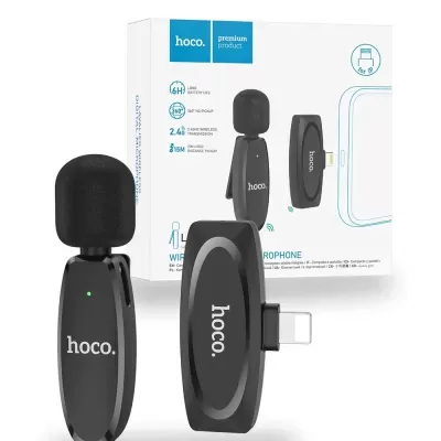 Microfone digital sem fios hoco. preto com conector Lightning e embalagem.