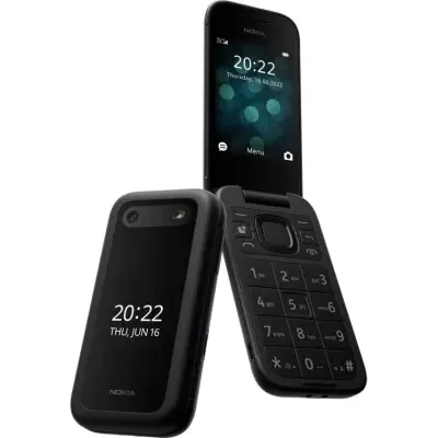 Telemóvel dobrável Nokia preto com ecrã digital mostrando hora e data