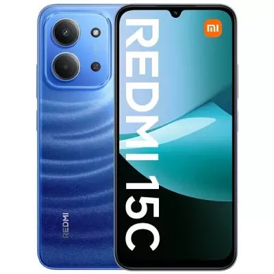 Telemóvel Xiaomi Redmi 15C azul com câmara dupla e ecrã frontal com texto REDMI 15C.