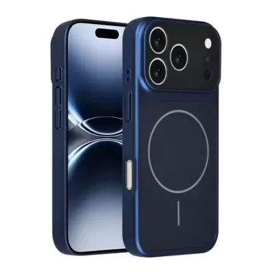 Smartphone azul escuro com capa protetora e design de círculo branco