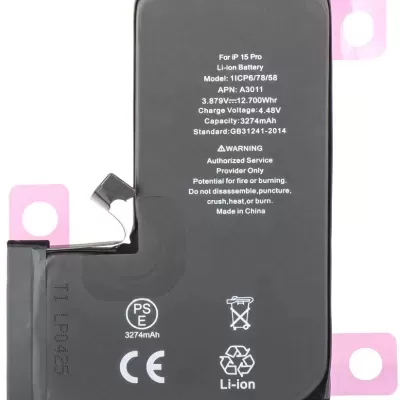 Bateria Li-ion preta para iPhone 15 Pro com texto branco e etiquetas rosa.