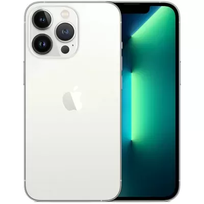 Smartphone Apple iPhone 13 Pro branco com câmaras e ecrã ligado