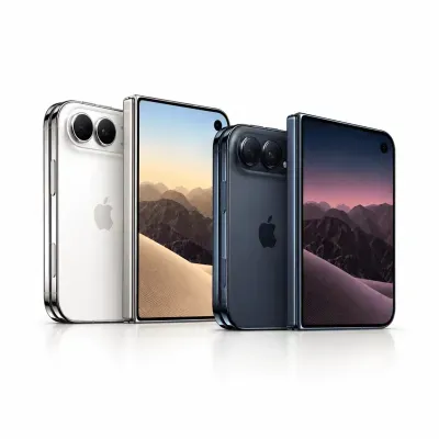 Telefone dobrável Apple em prata e preto com ecrã e várias câmaras