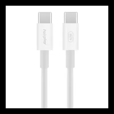 Cabo USB-C branco com texto Fairplay e MMD